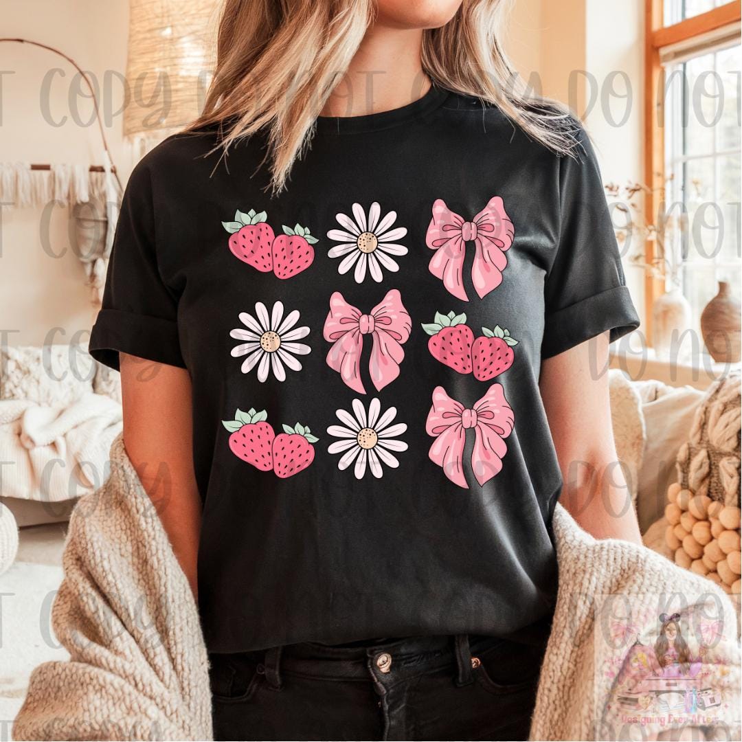 Summer Vibes Floral Pink Bows Strawberry Shirt