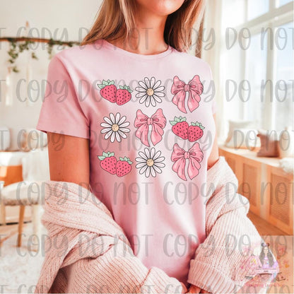Summer Vibes Floral Pink Bows Strawberry Shirt